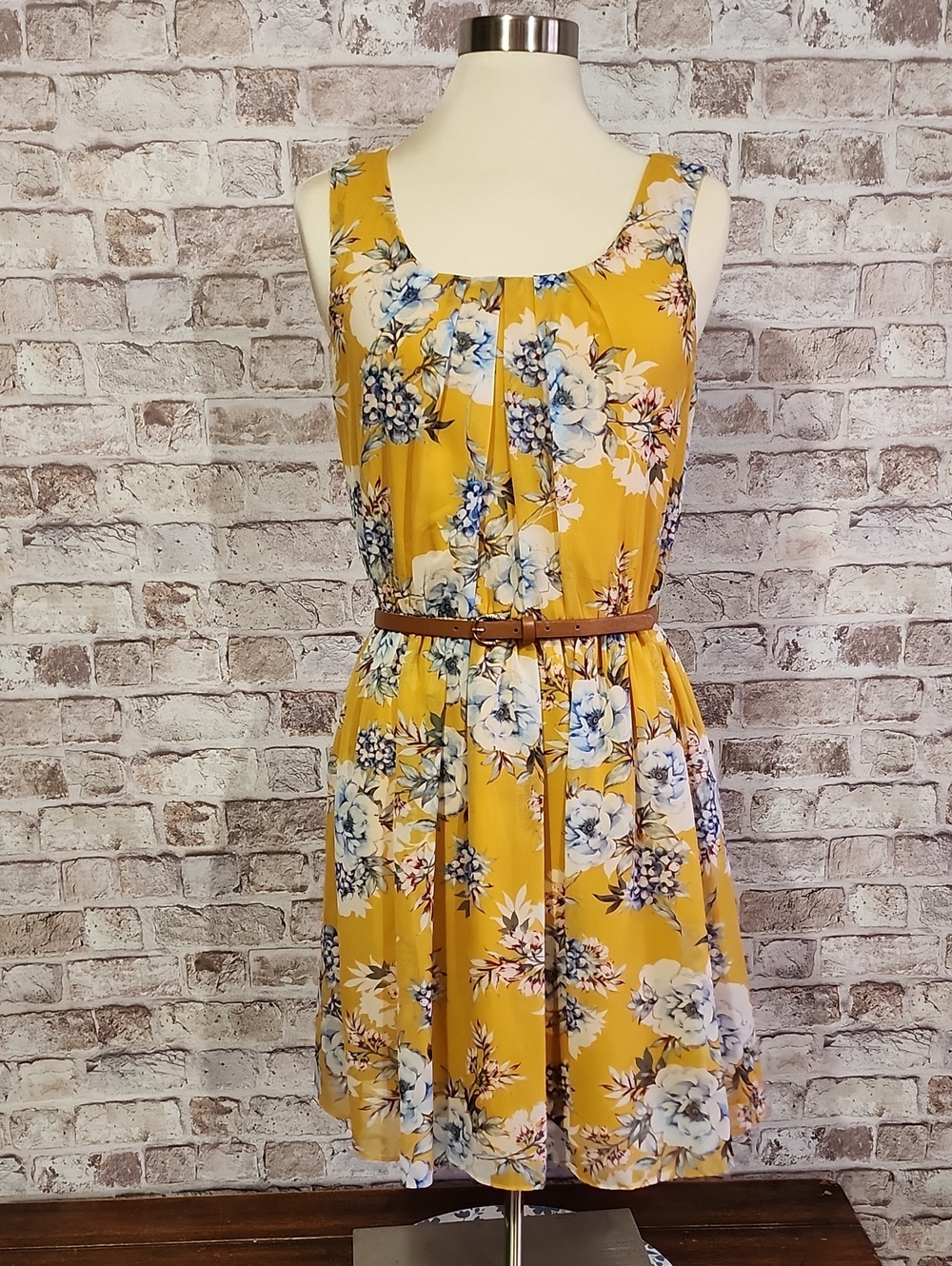 by & by Mustard Floral Sleeveless Mini Dress with Brown Belt